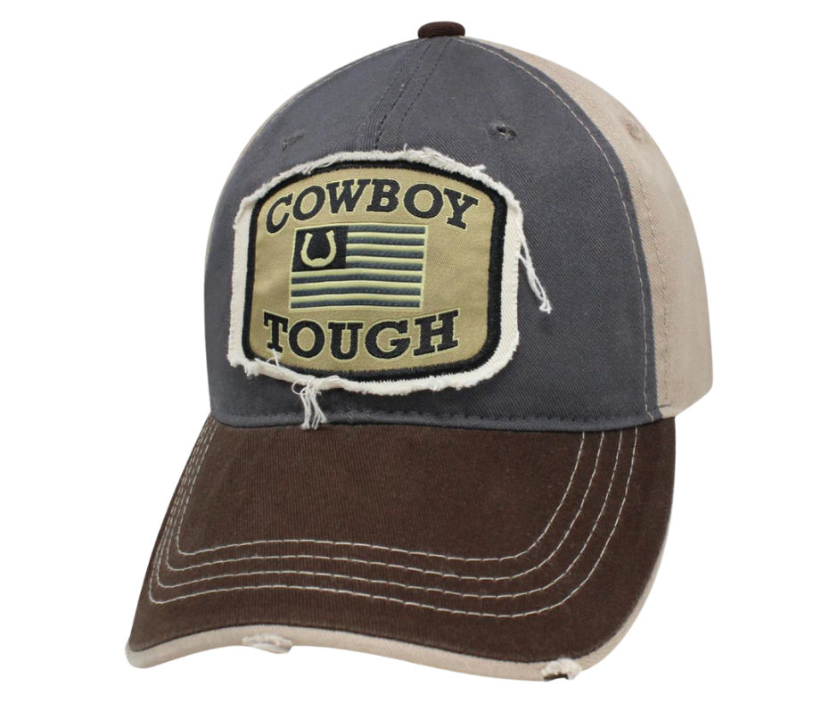 Wear your American Horseshoe Flag Cowboy Tough Distressed Embroidered Trucker Cap with pride! The Charcoal twill front and Tan back feature a Flag graphic with a Brown stitched bill, plus an adjustable snap strap to perfectly fit any size head. Take a short trip outside Nashville to our Smyrna, TN shop and get yours now!  COLOR: TAN/GREY/BROWN