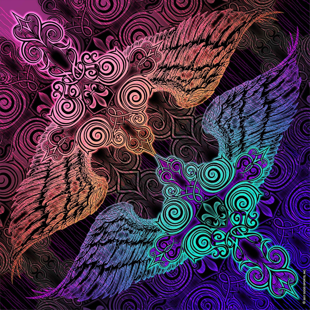 Cross De Lis Bandana displays two Winged Crosses balanced with flourishes and Fleur De Lis. From hot pinks blending into oranges on one half to cool teals into purples on the other half. As you know these can be worn many ways... wear them traditionally, or as a skull cap. Get your favorite one at our Smyrna, TN shop not far from Boswell's in Nashville.

Classic Style Bandana
Hot Leathers Original Design
Single sided print
21" X 21" Measurement
100% Polyester
Made in Pakistan