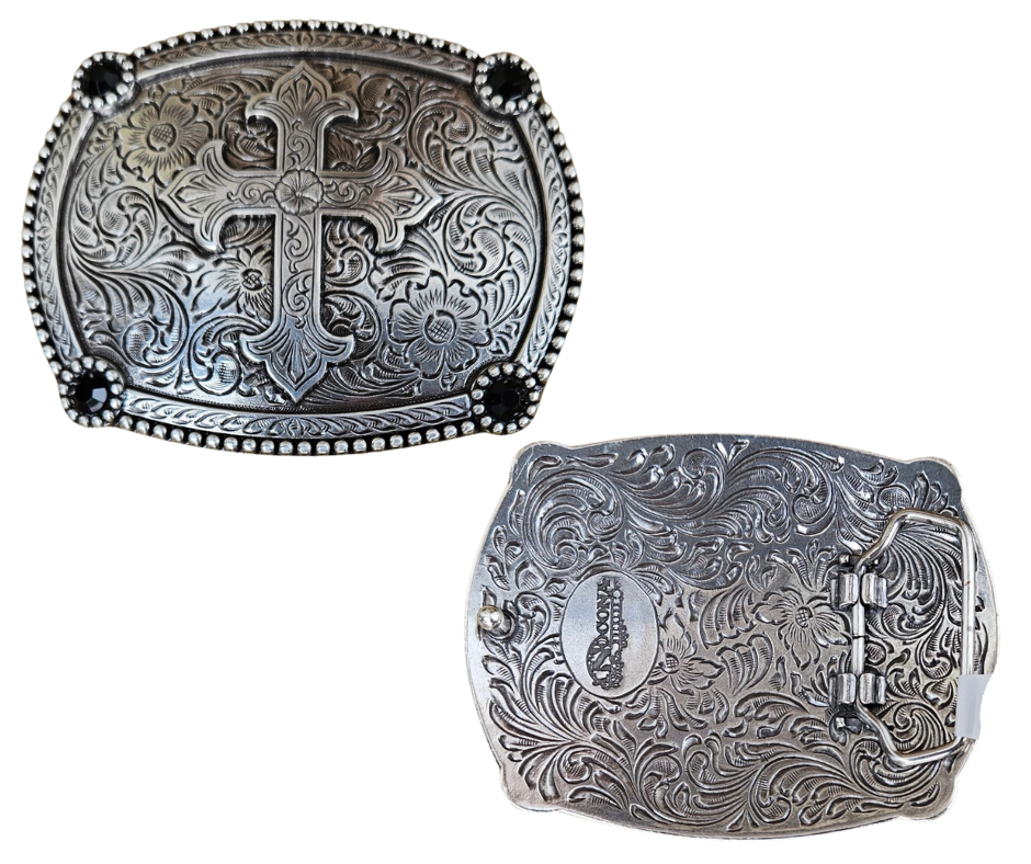 The Cross Trails Cross buckle fit's in at any Cowboy church or fixing fences. This oval rectangular belt buckle features a Antique Silver-colored western scroll design with a Cross in the center, surrounded by 4 Black stones. You can find it at our retail shop in Smyrna, TN, located just outside of Nashville.
Measuring 3" tall by 4" wide,
Fit's belts up to 1 1/2" wide.
Imported