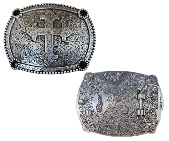 The Cross Trails Cross buckle fit's in at any Cowboy church or fixing fences. This oval rectangular belt buckle features a Antique Silver-colored western scroll design with a Cross in the center, surrounded by 4 Black stones. You can find it at our retail shop in Smyrna, TN, located just outside of Nashville.
Measuring 3" tall by 4" wide,
Fit's belts up to 1 1/2" wide.
Imported