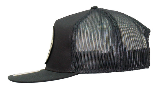 Side view - Loyal Until Death Patch flat bill Snap Back Hat. Its a cotton/polyester blend helps the hat hold its shape for long time use. Otto Brand mesh style back hat with a plastic adjustable tab. Ride to our Smyrna, TN shop not far from Murfreesboro.