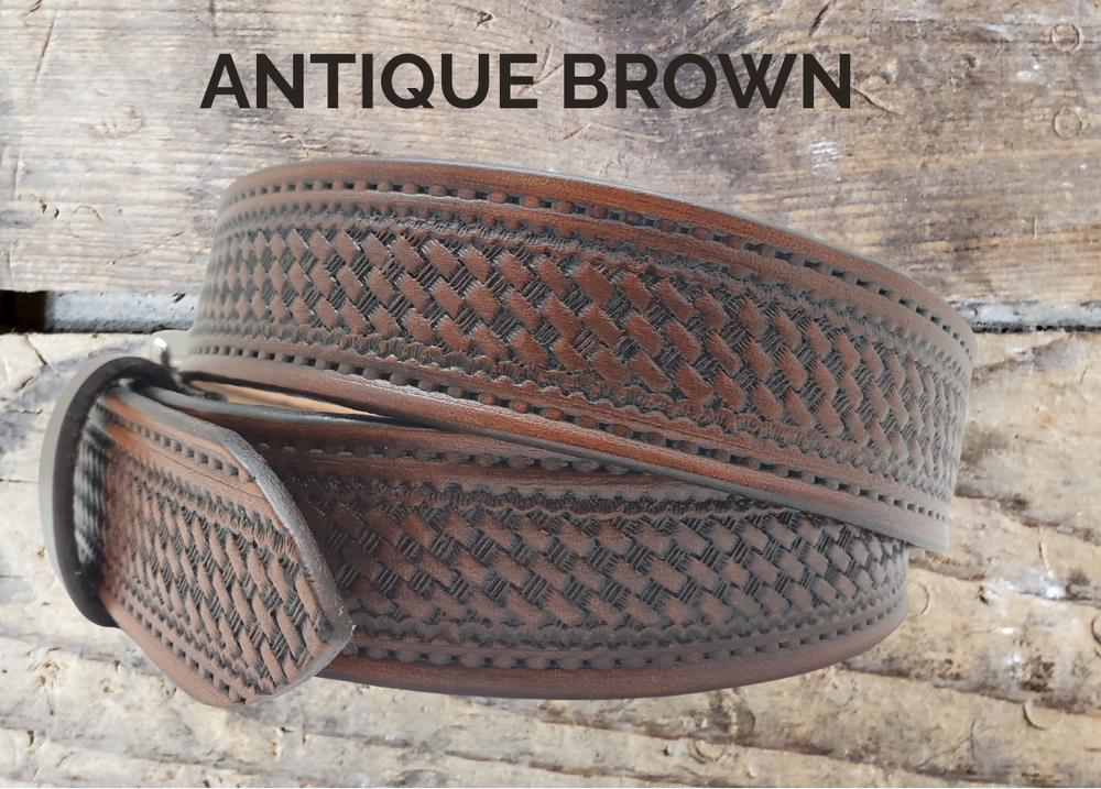 Dutton handmade Western leather name belt with basket-weave pattern in antique brown