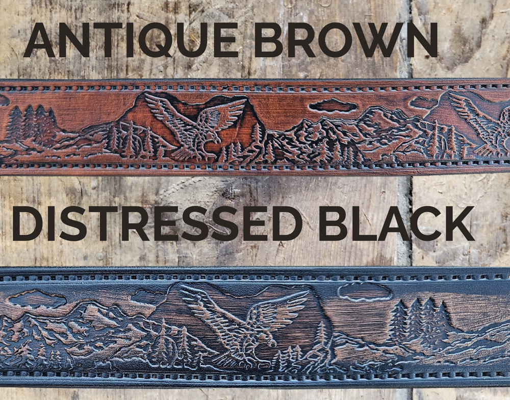 Eagle Mountain leather belt with spread-wing eagles and mountain scenes. This view also shows the look of the name stamped on the back of the belt.