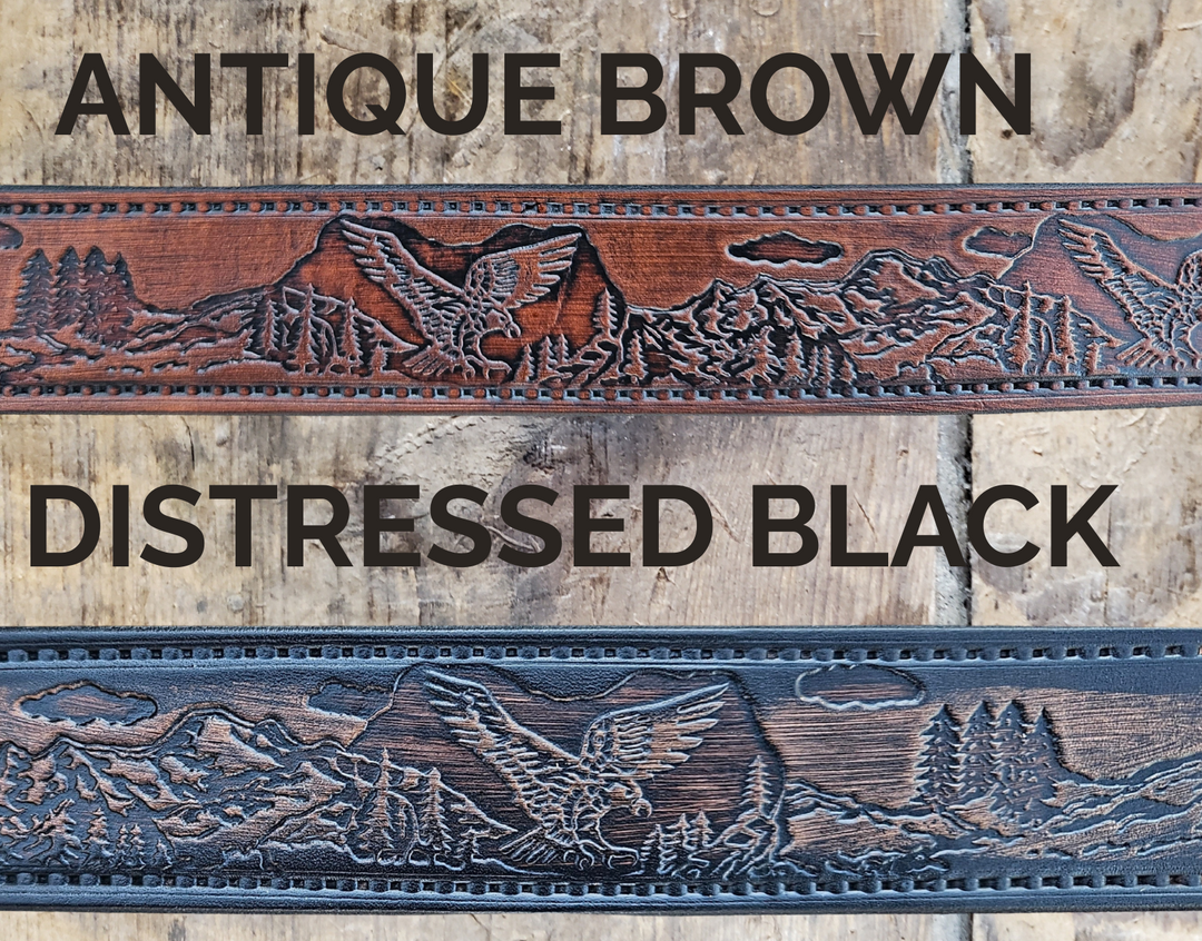 Eagle Mountain leather belt with spread-wing eagles and mountain scenes. This view also shows the look of the name stamped on the back of the belt.