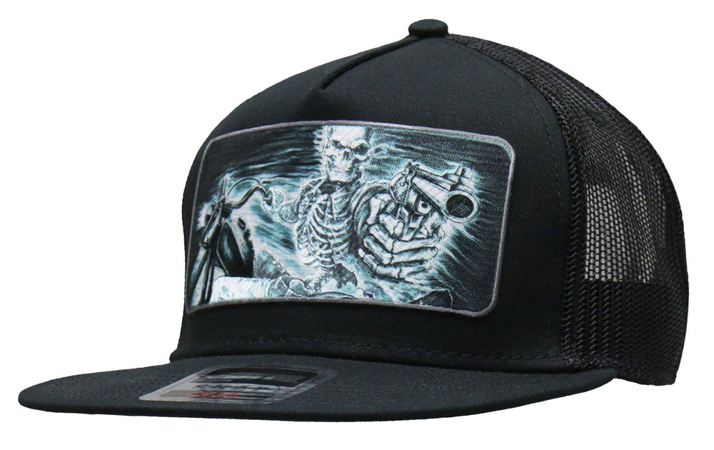 Side view - Assassin Rider Patch flat bill Snap Back Hat. Its a cotton/polyester blend helps the hat hold its shape for long time use. Otto Brand mesh style back hat with a plastic adjustable tab. Ride to our Smyrna, TN shop not far from Murfreesboro.