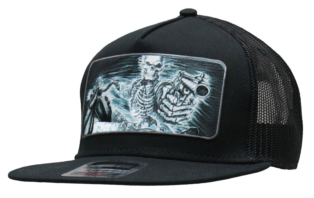 Side view - Assassin Rider Patch flat bill Snap Back Hat. Its a cotton/polyester blend helps the hat hold its shape for long time use. Otto Brand mesh style back hat with a plastic adjustable tab. Ride to our Smyrna, TN shop not far from Murfreesboro.