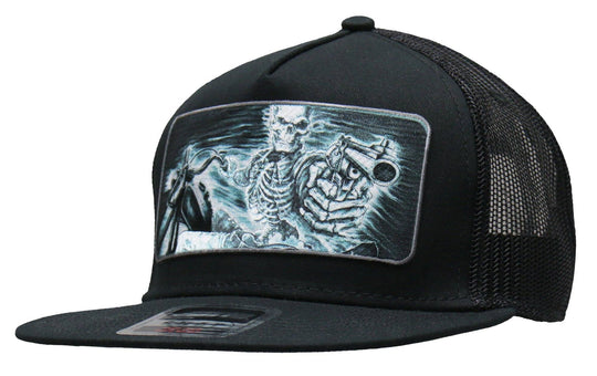 Side view - Assassin Rider Patch flat bill Snap Back Hat. Its a cotton/polyester blend helps the hat hold its shape for long time use. Otto Brand mesh style back hat with a plastic adjustable tab. Ride to our Smyrna, TN shop not far from Murfreesboro.