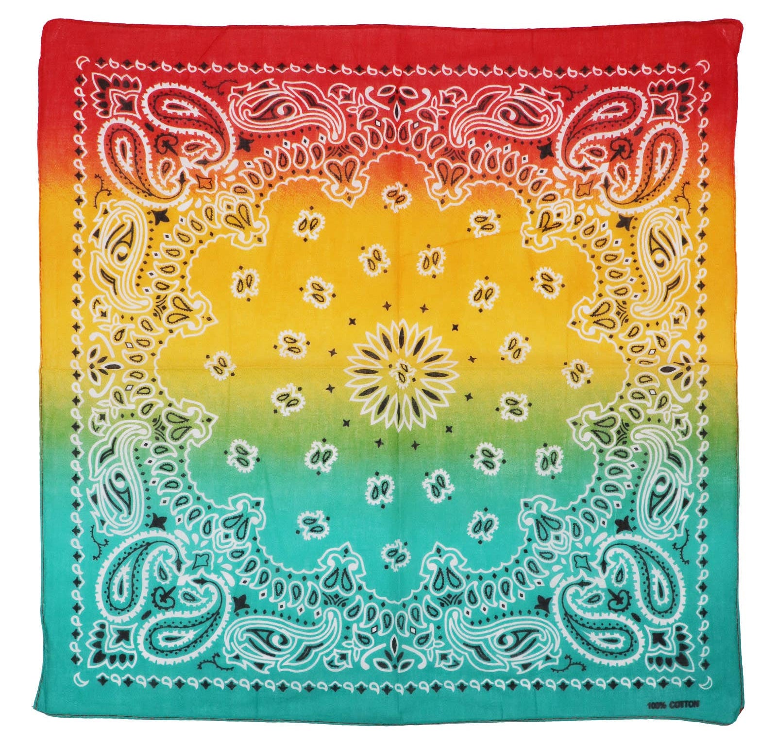 Paisley Vibrant Ombre Gradient Print Light-Weight Square Cotton Bandana. This eye-catching ombre bandana fades from red to yellow to teal, accented with a classic paisley print for a striking yet timeless vibe. Crafted from soft, breathable cotton, it's the perfect accessory to wear as a head wrap, neck scarf, face cover, or stylish pocket accent. In Stock at our Smyrna, TN shop not far from Murfreesboro.

Dimensions: 20.75" * 20.75" * 0.1"
100% Cotton