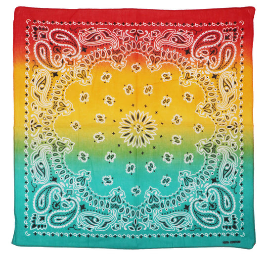 Paisley Vibrant Ombre Gradient Print Light-Weight Square Cotton Bandana. This eye-catching ombre bandana fades from red to yellow to teal, accented with a classic paisley print for a striking yet timeless vibe. Crafted from soft, breathable cotton, it's the perfect accessory to wear as a head wrap, neck scarf, face cover, or stylish pocket accent. In Stock at our Smyrna, TN shop not far from Murfreesboro.

Dimensions: 20.75" * 20.75" * 0.1"
100% Cotton
