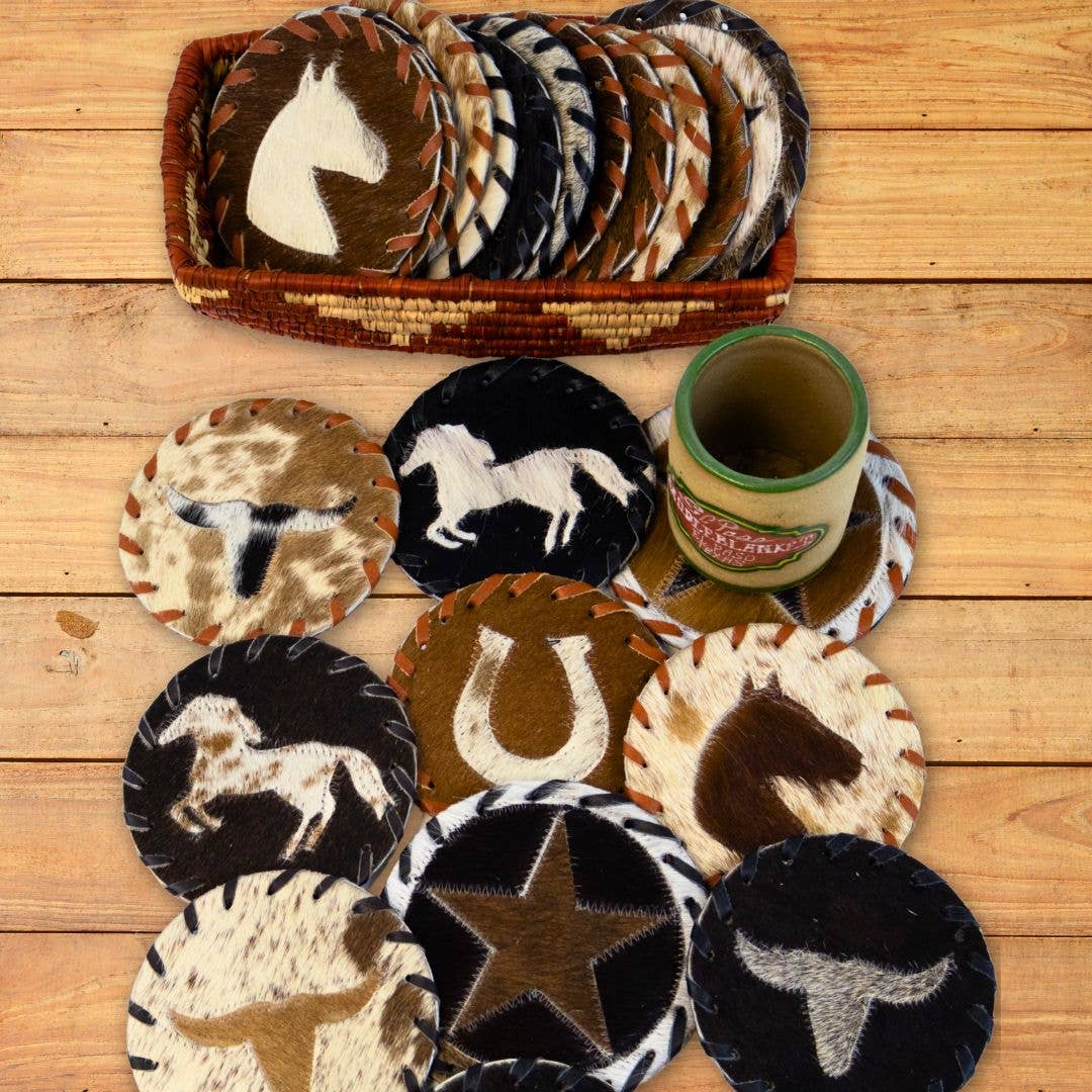 Authentic hair-on cowhide with stitched trim. Approx. 4.5" diameter. Shipped in assorted patterns and Western-themed motifs. Perfect for those rustic western themed event. Made in India. Now available in our local Smyrna, TN shop.