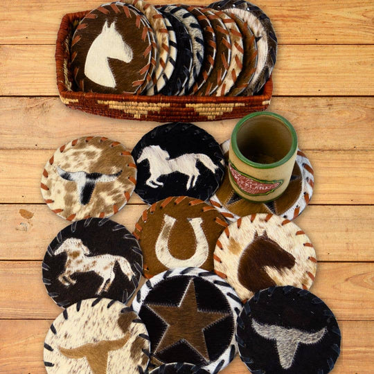 Authentic hair-on cowhide with stitched trim. Approx. 4.5" diameter. Shipped in assorted patterns and Western-themed motifs. Perfect for those rustic western themed event. Made in India. Now available in our local Smyrna, TN shop.