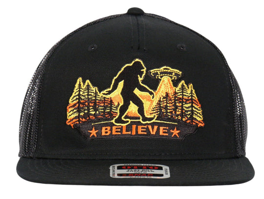 Front view - Believe Bigfoot trucker hat. Made from high quality 5 panel construction. Each one is adjustable with a plastic snap closure and a flat bill. The Believe Bigfoot patch will let everyone know exactly how you feel! Available at our Smyrna, TN shop not far from Murfreesboro.