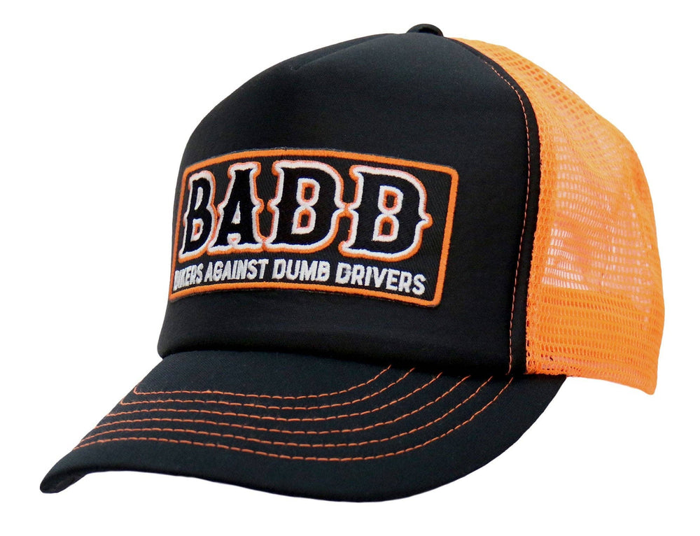 Side view - BADD Bikers Against Dumb Drivers" snap back trucker hats are made from high quality 5 panel construction. Each one is adjustable with a plastic snap closure and a curved bill featuring an original let everyone know how proud you are to be a biker! Available at our Smyrna, TN shop not far from Bumpus HD in Murfreesboro.