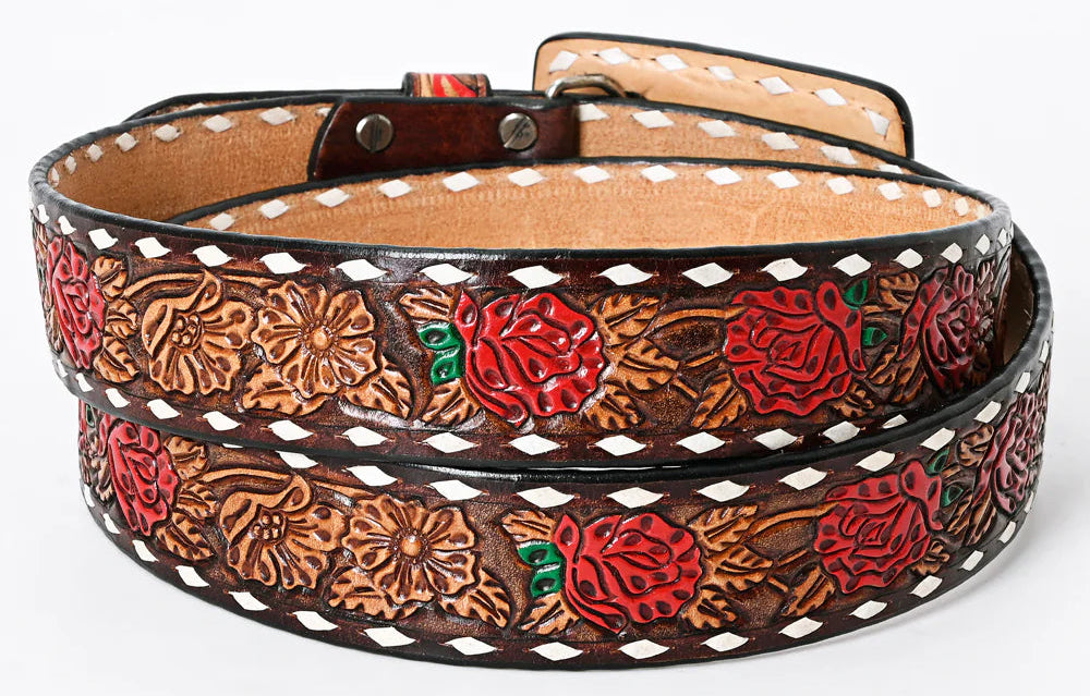 This all veg-tan Leather belt boasts a Timeless Rose floral design complete with White buck lacing down the edge. The roses are colored in Red accented with green leaves completed with a brown edge, natural center . The Matching leather belt buckle can be easily removed and changed thanks to the screw post closure. Whether you choose to shop online or visit our Smyrna, TN store, not far from Famous downtown Nashville. Imported.