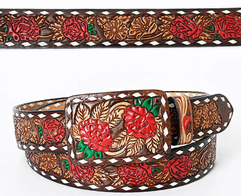 This all veg-tan Leather belt boasts a Timeless Rose floral design complete with White buck lacing down the edge. The roses are colored in Red accented with green leaves completed with a brown edge, natural center . The Matching leather belt buckle can be easily removed and changed thanks to the screw post closure. Whether you choose to shop online or visit our Smyrna, TN store, not far from Famous downtown Nashville. Imported.