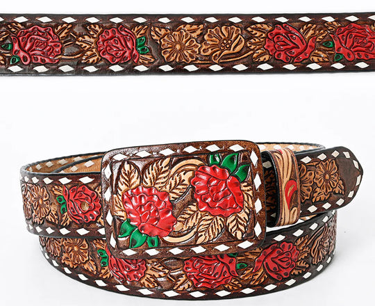 This all veg-tan Leather belt boasts a Timeless Rose floral design complete with White buck lacing down the edge. The roses are colored in Red accented with green leaves completed with a brown edge, natural center . The Matching leather belt buckle can be easily removed and changed thanks to the screw post closure. Whether you choose to shop online or visit our Smyrna, TN store, not far from Famous downtown Nashville. Imported.