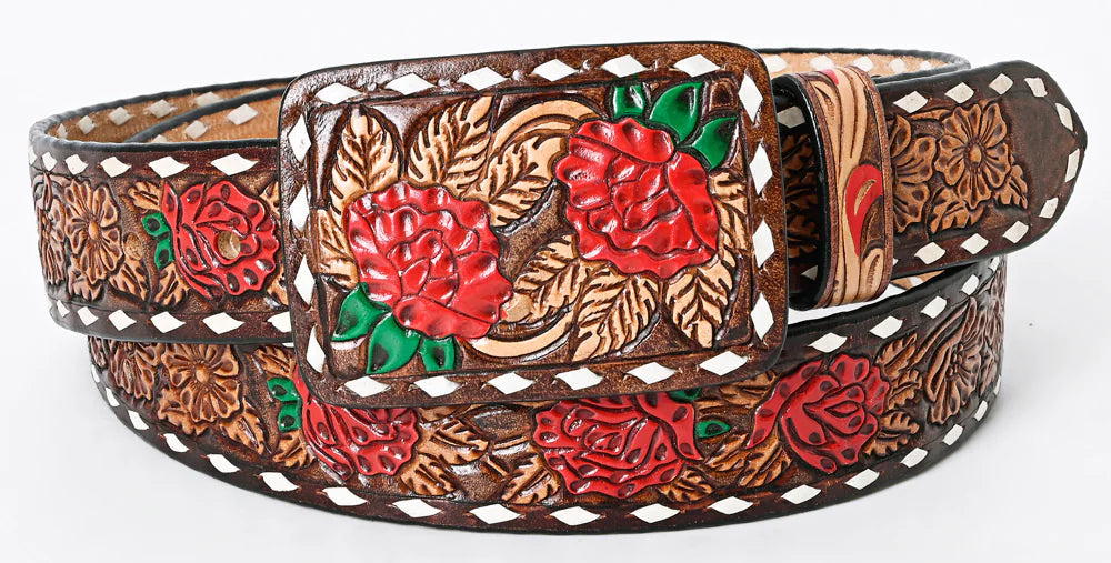 This all veg-tan Leather belt boasts a Timeless Rose floral design complete with White buck lacing down the edge. The roses are colored in Red accented with green leaves completed with a brown edge, natural center . The Matching leather belt buckle can be easily removed and changed thanks to the screw post closure. Whether you choose to shop online or visit our Smyrna, TN store, not far from Famous downtown Nashville. Imported.