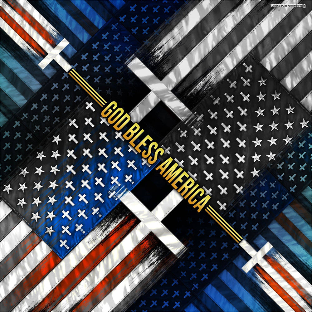 God Bless America says it all! Jesus laid down His life for our souls on a cross while our soldiers laid down their lives for our country. Red White and Blue on one half and Gray scale on the other half. As you know these can be worn many ways... Hang them from your leather vest, wear them traditionally, or as a skull cap. Get your favorite one at our Smyrna, TN shop not far from Boswell's in Nashville.

Classic Style Bandana
Hot Leathers Original Design
Single sided print
21" X 21" Measurement
