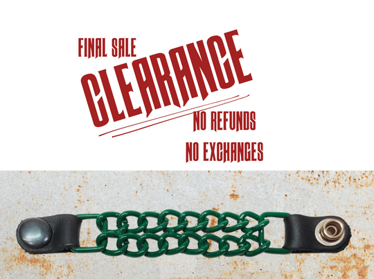 A green chain-link vest chain with black leather ends and metal snap buttons.
