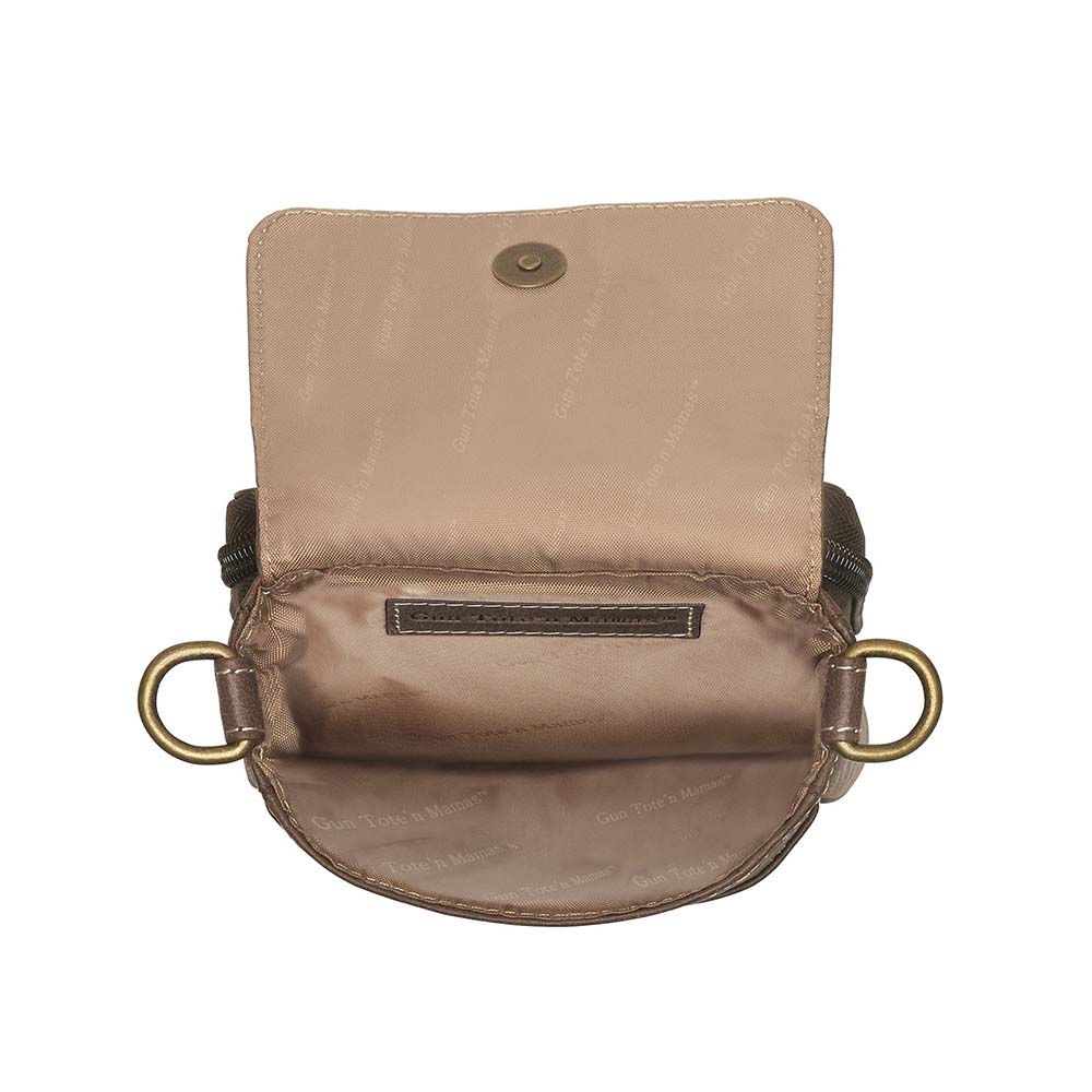 Compact Minimal Crossbody Pouch from Gun Toten' Mama is a low profile Conceal Carry purse.
Get yours at our Smyrna, TN store not far from Nashville.
The distressed brown shows a smooth oil infused Buffalo leather.
Flap closes with a magnetic closure over an open slot pocket.
Adjustable Slash Resistant Shoulder Strap clips on and off easily.
Strap length 25" to 49" long.
Overall Bag size: 5" Wide x 6-1/2" Tall x 2-1/4" Deep
Gun Compartment size: 4-3/4" Wide x 6-1/4" Tall
Gun Footprint: 4" Wide x 5" Tall