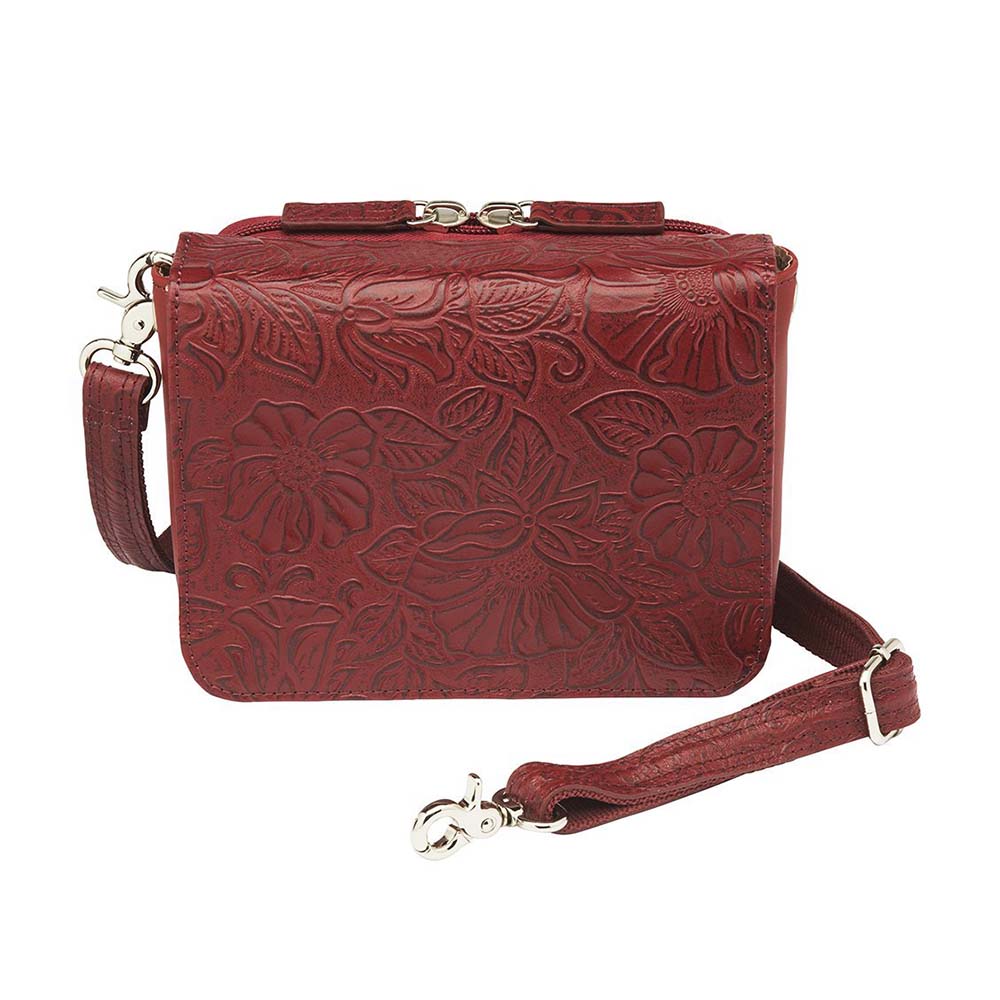 This Compact Crossbody Organizer from Gun Toten' Mama is a low profile Conceal Carry purse with enough space for just the essentials.
Get yours at our Smyrna, TN store not far from Nashville.


Tooled cowhide shows a rose leaf pattern offered in Black, Tan, or Red.
The distressed brown shows a smooth Buffalo leather.
Flap closes with a Rare Earth Magnetic Closure.
Slot and zippered lining pockets.
Pen slot.
Adjustable Slash Resistant Shoulder Strap that easily clips on and off.

Strap length 25" to 49