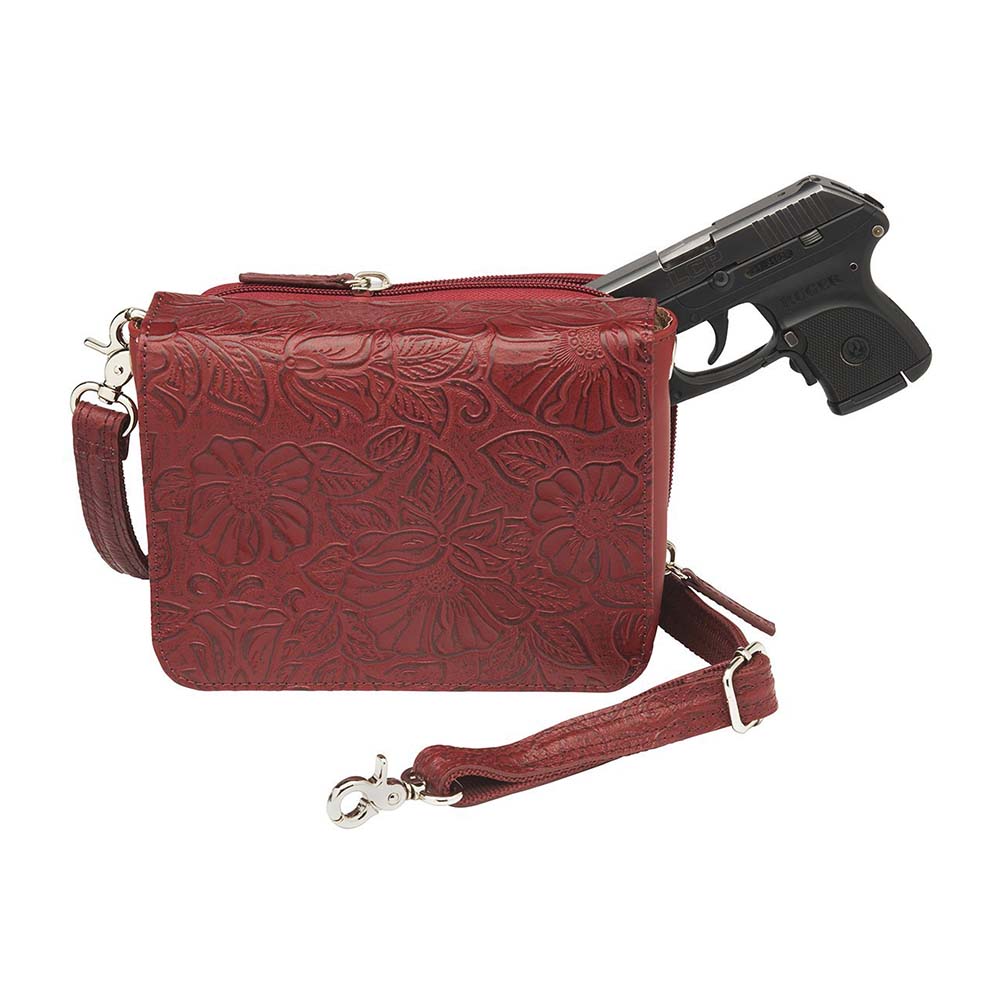 This Compact Crossbody Organizer from Gun Toten' Mama is a low profile Conceal Carry purse with enough space for just the essentials.
Get yours at our Smyrna, TN store not far from Nashville.


Tooled cowhide shows a rose leaf pattern offered in Black, Tan, or Red.
The distressed brown shows a smooth Buffalo leather.
Flap closes with a Rare Earth Magnetic Closure.
Slot and zippered lining pockets.
Pen slot.
Adjustable Slash Resistant Shoulder Strap that easily clips on and off.

Strap length 25" to 49