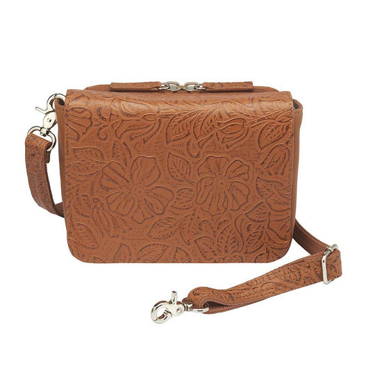 This Compact Crossbody Organizer from Gun Toten' Mama is a low profile Conceal Carry purse with enough space for just the essentials.
Get yours at our Smyrna, TN store not far from Nashville.


Tooled cowhide shows a rose leaf pattern offered in Black, Tan, or Red.
The distressed brown shows a smooth Buffalo leather.
Flap closes with a Rare Earth Magnetic Closure.
Slot and zippered lining pockets.
Pen slot.
Adjustable Slash Resistant Shoulder Strap that easily clips on and off.

Strap length 25" to 49