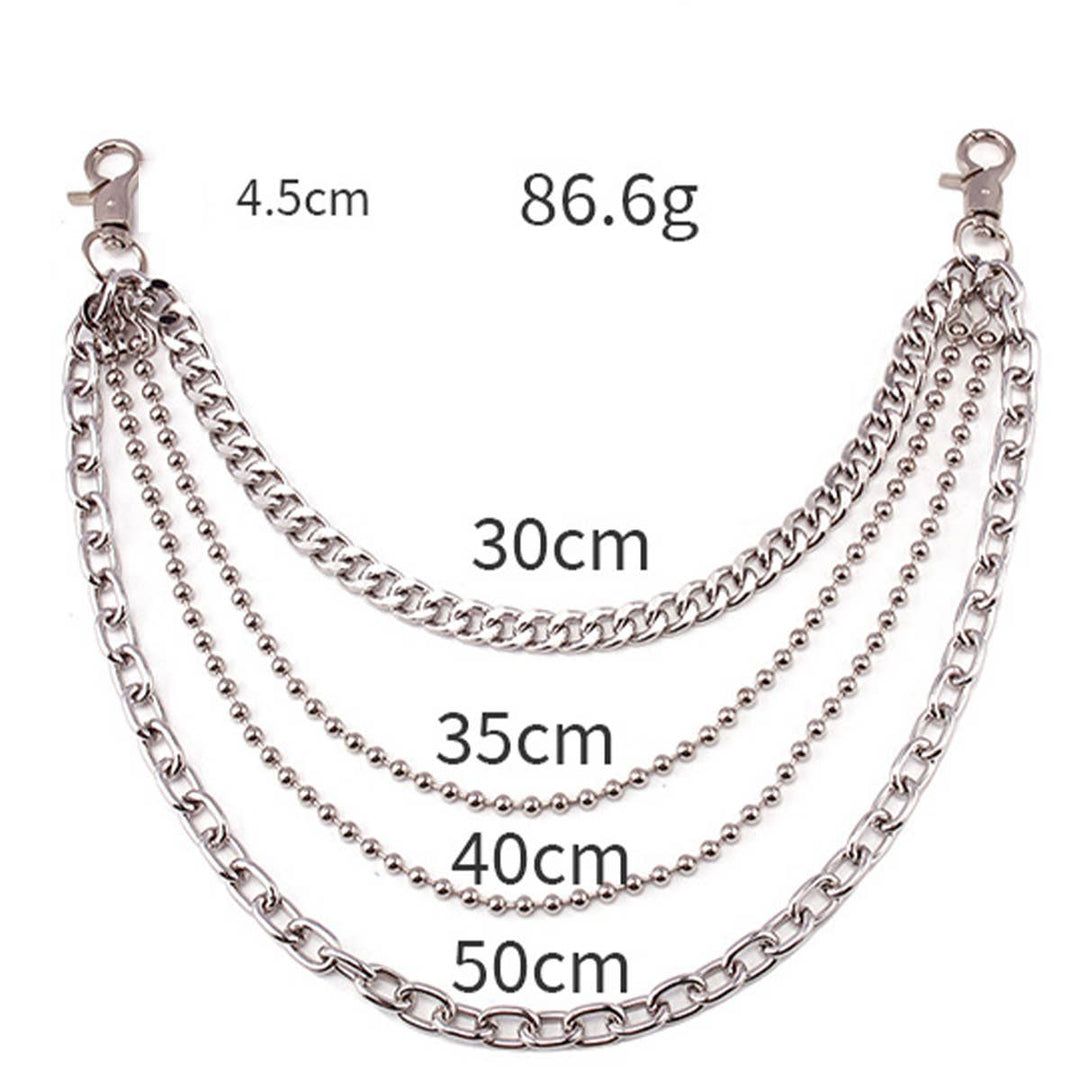 Dress up your favorite jeans with our Hip Hop Quad Jean Chain. The 2 Belt loop clips easily attach to you favorite old jeans. All you need is your best shirt or top and your good to go. Now in stock at our Smyrna, TN shop not far from the First Bank Amphitheater.

Metal alloy
See pic for dimensions
Imported