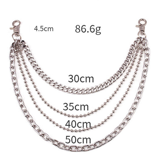 Dress up your favorite jeans with our Hip Hop Quad Jean Chain. The 2 Belt loop clips easily attach to you favorite old jeans. All you need is your best shirt or top and your good to go. Now in stock at our Smyrna, TN shop not far from the First Bank Amphitheater.

Metal alloy
See pic for dimensions
Imported