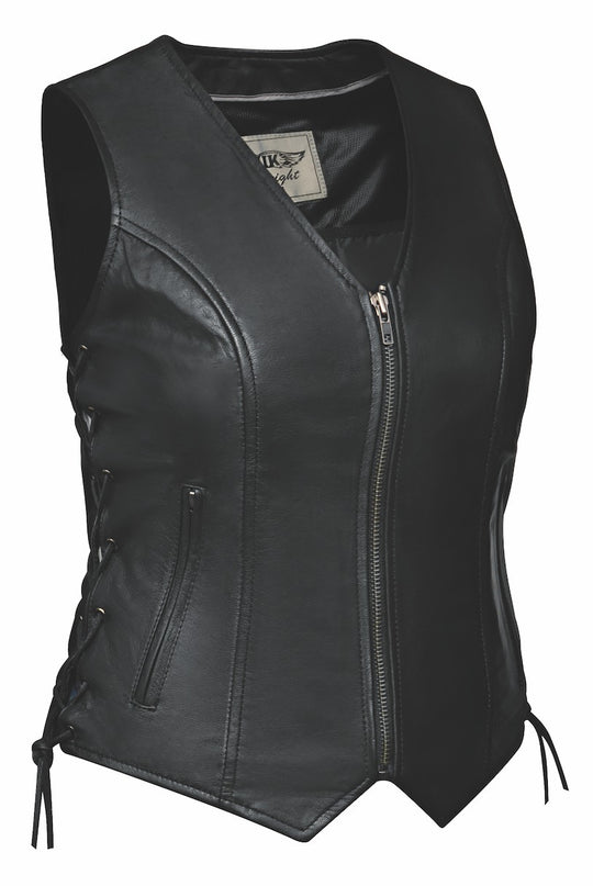 Lightweight Black leather ladies side laced motorcycle riding vest.&amp;nbsp; Made from lighter weight Lambskin and contains conceal carry pockets on front insides. It has a 3 panel pack and zip front closure and a V-neck opening. Available for purchase in our leather shop in Smyrna, TN, near Nashville.&amp;nbsp; Available in sizes XS to 5X.

Includes Carry conceal pockets on Right and Left sides
Side lace for size adjustment
3 panel back