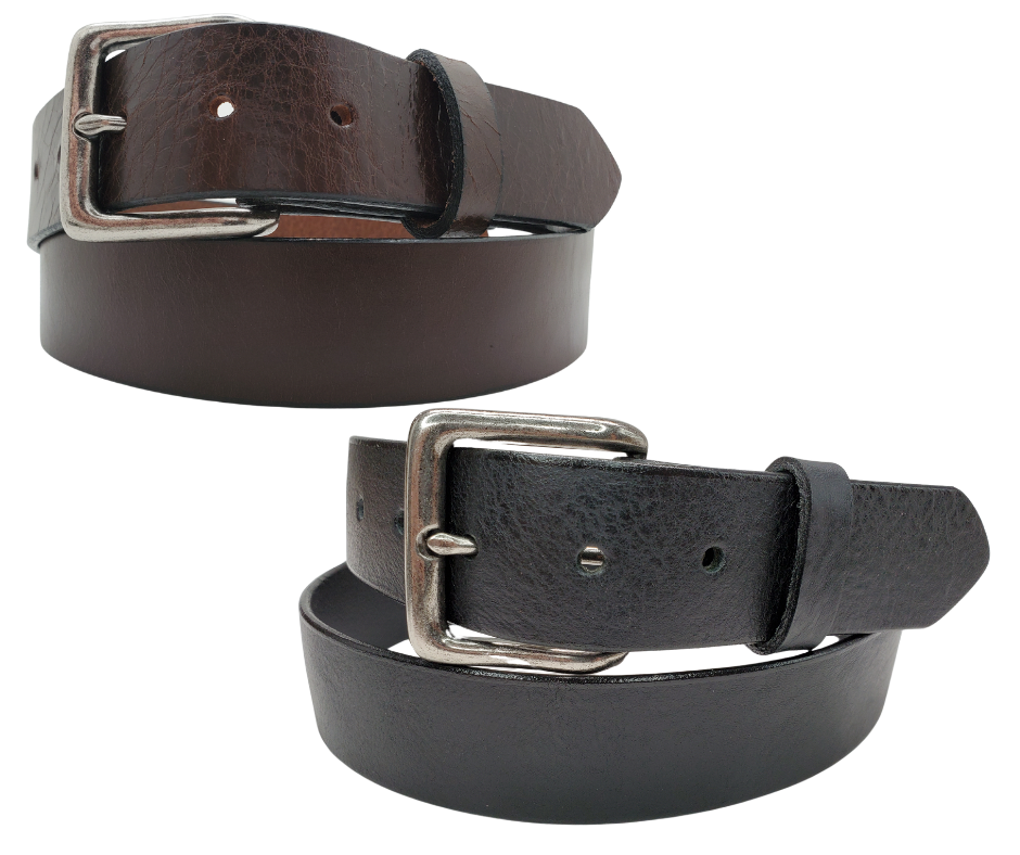 If you prefer a soft already broken in feel this is the perfect belt. Lightly Pebbled top grain cowhide leather will not tear nor peel apart. Available in BLACK or CHOCOLATE Brown , pick one or the COMBO. It has a classic satin finish, smooth pebble texture, with beveled painted edges. The strap is 1 1/2" wide and has a antique silver colored buckle held by 2 snaps for easy buckle change. Comfortable from the start, belt is handmade in our Smyrna, TN shop, just outside Nashville.