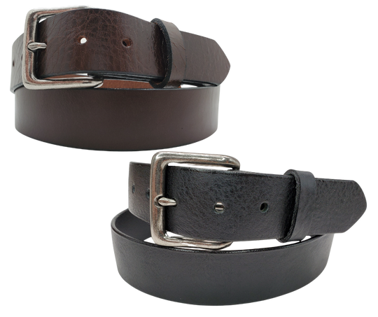 If you prefer a soft already broken in feel this is the perfect belt. Lightly Pebbled top grain cowhide leather will not tear nor peel apart. Available in BLACK or CHOCOLATE Brown , pick one or the COMBO. It has a classic satin finish, smooth pebble texture, with beveled painted edges. The strap is 1 1/2" wide and has a antique silver colored buckle held by 2 snaps for easy buckle change. Comfortable from the start, belt is handmade in our Smyrna, TN shop, just outside Nashville.