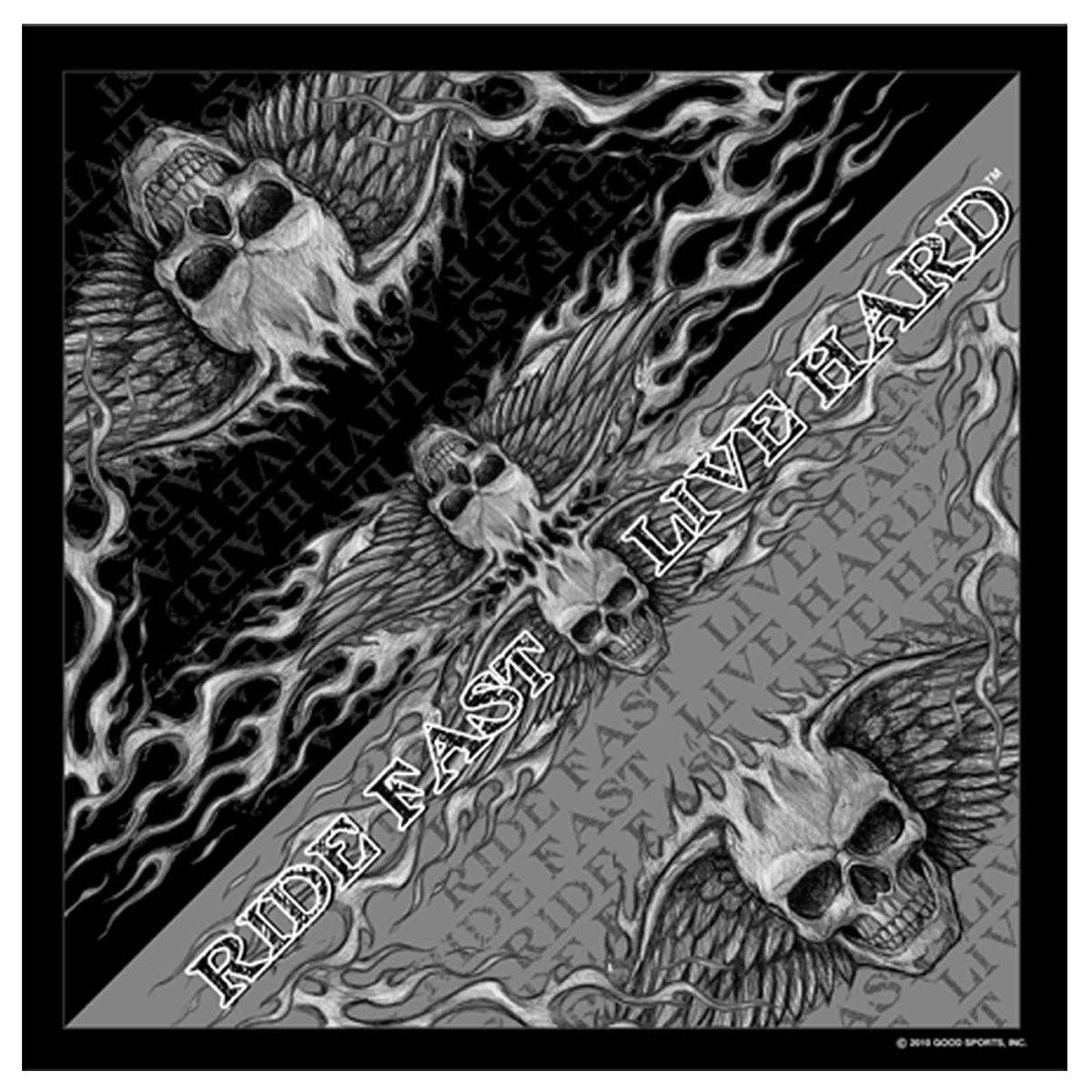 Make a statement with our Live to Ride Bandana! Classic Biker artwork with Winged Skull with Flame trim around the edge. One half is grey design on black background while the other half is on a grey background.&nbsp;As you know these can be worn many ways... wear them traditionally, or as a skull cap. Multiple Styles of Bandanas in stock. Get your favorite one at our Smyrna, TN shop not far from Boswell's in Nashville.

Classic Style Bandana
Hot Leathers Original Design
Single sided print
size 21" X 21" 
