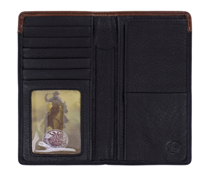 Only a true cowboy would carry this handsome checkbook wallet. Rustic Black with tooled leather, Star concho, rawhide lacing, it's practical, durable, the soft inside is built to fit 6 cards, checkbook, cash slot, pen, ID, and more. It's sized at 6 3/4" tall by 3 3/4" wide. Available in our Smyrna, TN store, a short drive id your in Nashville visiting. Silver Creek is Made by Brighton.