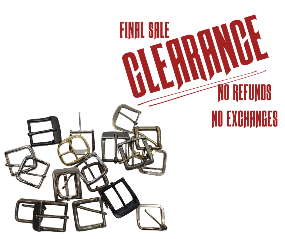 Just cleaning out our buckles. Some we bought for belts, some were samples, some we just have decided not to use anymore. Size on this bag is 1", 1 1/4", 1 1/2", 1 3/4", 2", we tried to sort them as evenly as possible. While they last at our Smyrna, TN shop.

20 asst. size buckles
Heel and center bar styles
No returns or exchanging