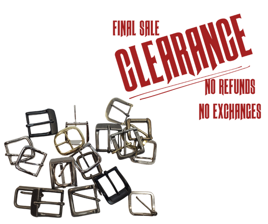 Just cleaning out our buckles. Some we bought for belts, some were samples, some we just have decided not to use anymore. Size on this bag is 1", 1 1/4", 1 1/2", 1 3/4", 2", we tried to sort them as evenly as possible. While they last at our Smyrna, TN shop.

20 asst. size buckles
Heel and center bar styles
No returns or exchanging