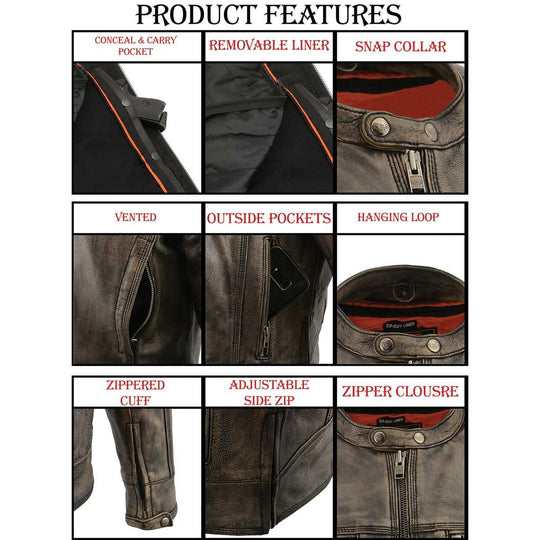 The" Phoenix" is our Classic Brown leather motorcycle jacket has everything you need for riding, including a cool style. Available in sizes small through 5x, it can be purchased at our shop in Smyrna, TN, near Nashville. With multiple zippered pockets and vents, a zip out liner, and a tab collar and zippered front, it also has snaps and zippers at the wrists. Don't forget to check out our matching gloves to complete your look