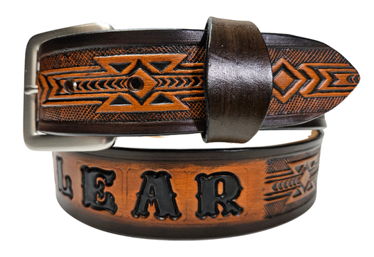 Personalized Mr. Ringo Southwestern leather belt with embossed Arizona-style design and custom name.
