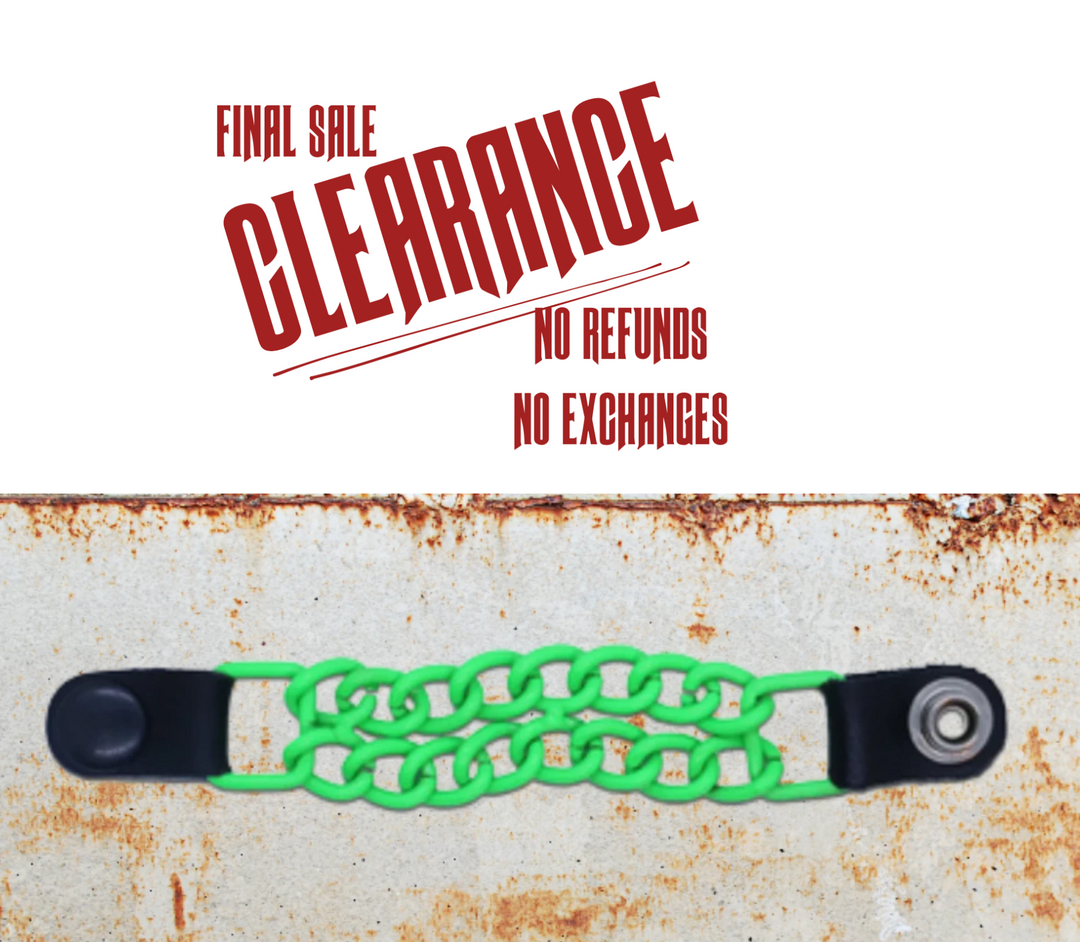 A neon green chain-link vest chain with black leather ends and metal snap buttons.
