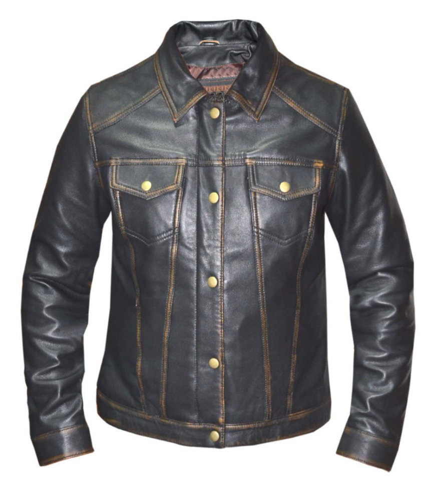 The timeless Trucker style Jacket in soft Distressed Brown leather. Slanted handwarmer side pockets, two chest pockets and it doesn&