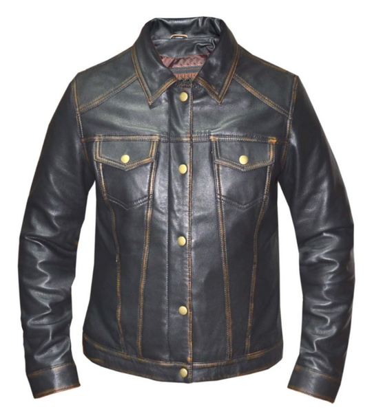 The timeless Trucker style Jacket in soft Distressed Brown leather. Slanted handwarmer side pockets, two chest pockets and it doesn&