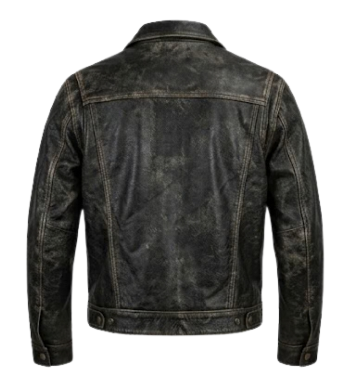 The timeless Trucker style Jacket in soft Distressed Brown leather. Slanted handwarmer side pockets, two chest pockets and it doesn&