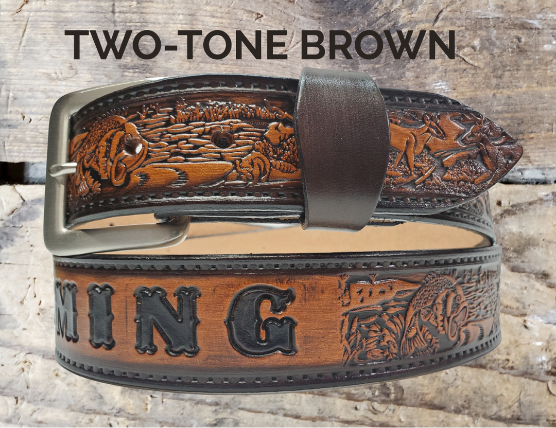 Personalized Outdoorsman leather belt with custom name in natural brown 