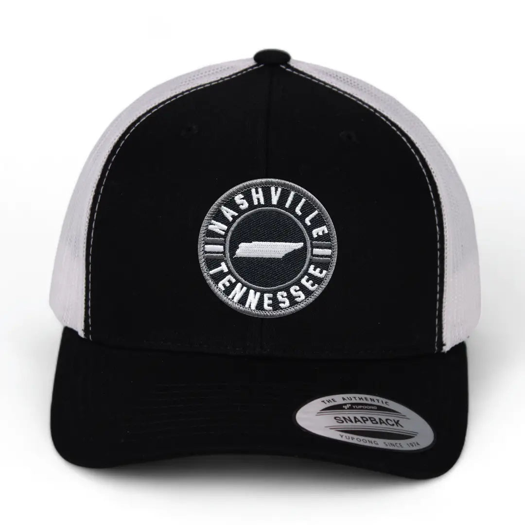 Classic Patched Cap with Nashville Tennessee and shape of Tennessee in the center. Patch is front and center of a snapback cap. This will soon become your favorite cap! Shop now at our Smyrna, TN store or online.