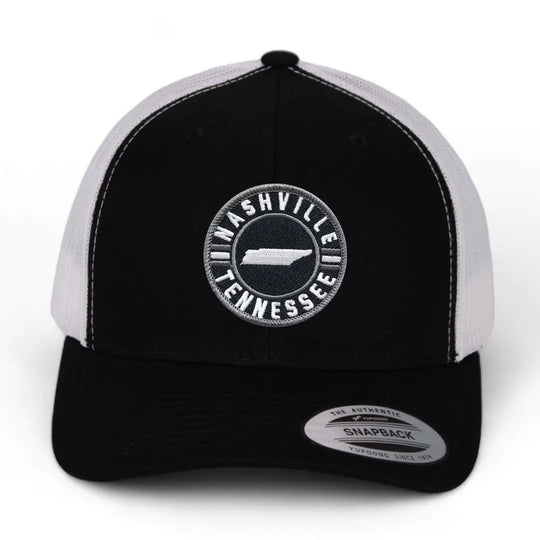 Classic Patched Cap with Nashville Tennessee and shape of Tennessee in the center. Patch is front and center of a snapback cap. This will soon become your favorite cap! Shop now at our Smyrna, TN store or online.