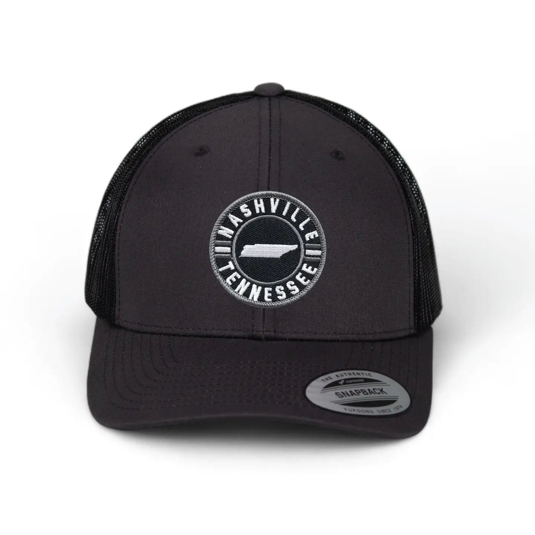 Classic Patched Cap with Nashville Tennessee and shape of Tennessee in the center. Patch is front and center of a snapback cap. This will soon become your favorite cap! Shop now at our Smyrna, TN store or online.