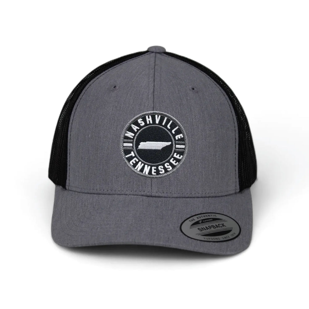 Classic Patched Cap with Nashville Tennessee and shape of Tennessee in the center. Patch is front and center of a snapback cap. This will soon become your favorite cap! Shop now at our Smyrna, TN store or online.