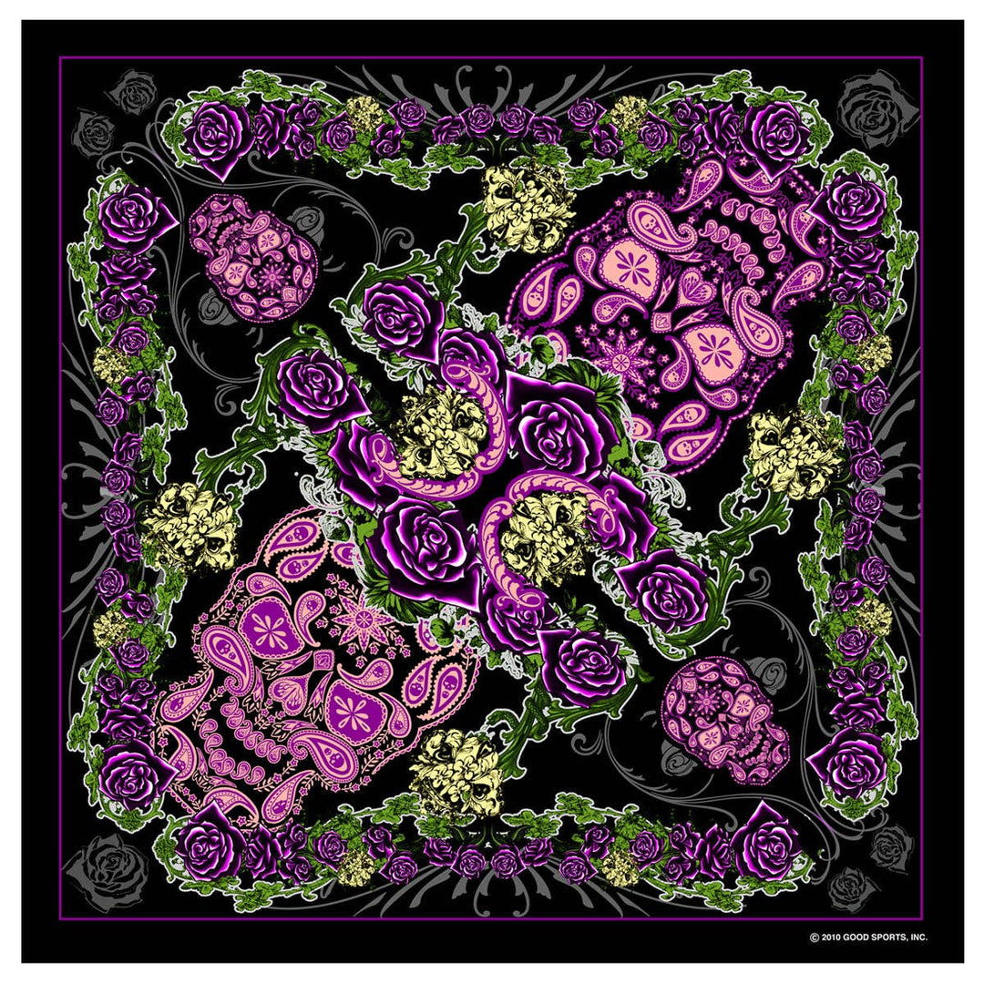 Make a statement with our Paisley Skull Bandana! Classic&nbsp; with Paisley artwork, Sugar Skulls and Roses in purple, gold, and green on a black background in color. As you know these can be worn many ways... Hang them from your leather vest, wear them traditionally, or as a skull cap. Get your favorite one at our Smyrna, TN shop not far from Boswell's in Nashville.

Classic Style Bandana
Hot Leathers Original Design
Single sided print
21" X 21" Measurement
100% Polyester
Made in Pakistan
