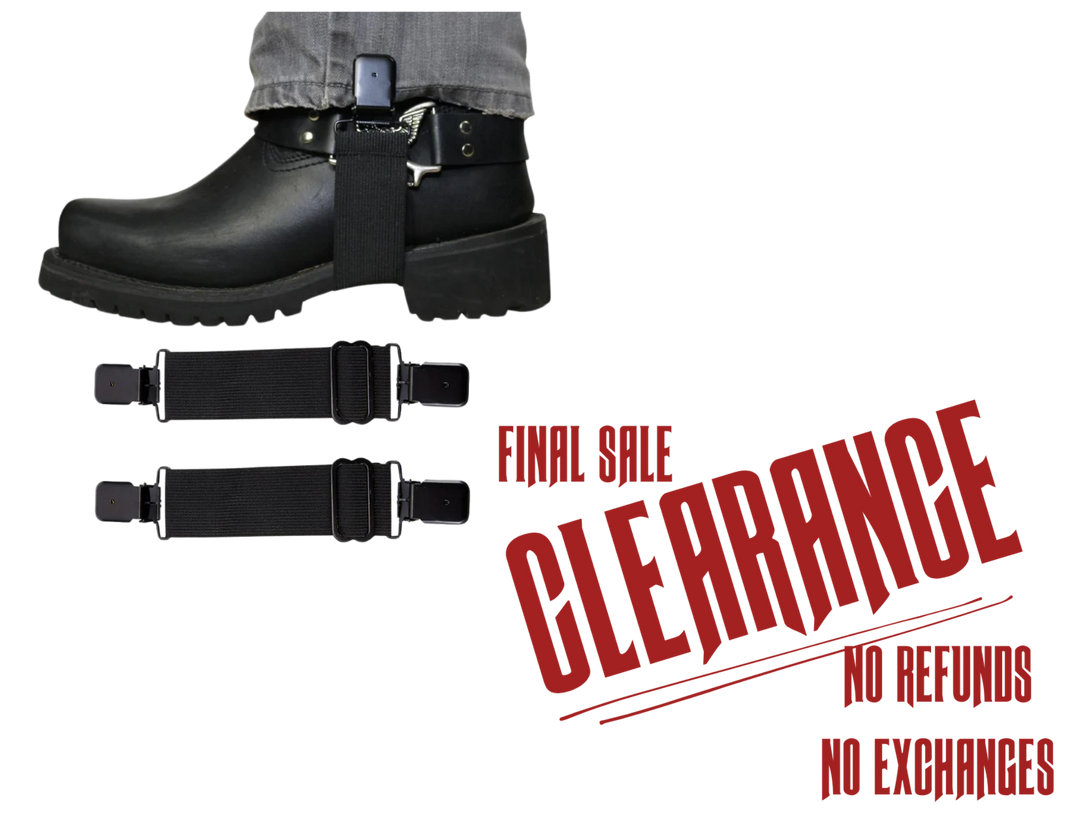 Keep your pants from blowing up while riding. Simply clip to your jeans to your boots and your good to ride. Check them out at our Smyrna, TN shop.