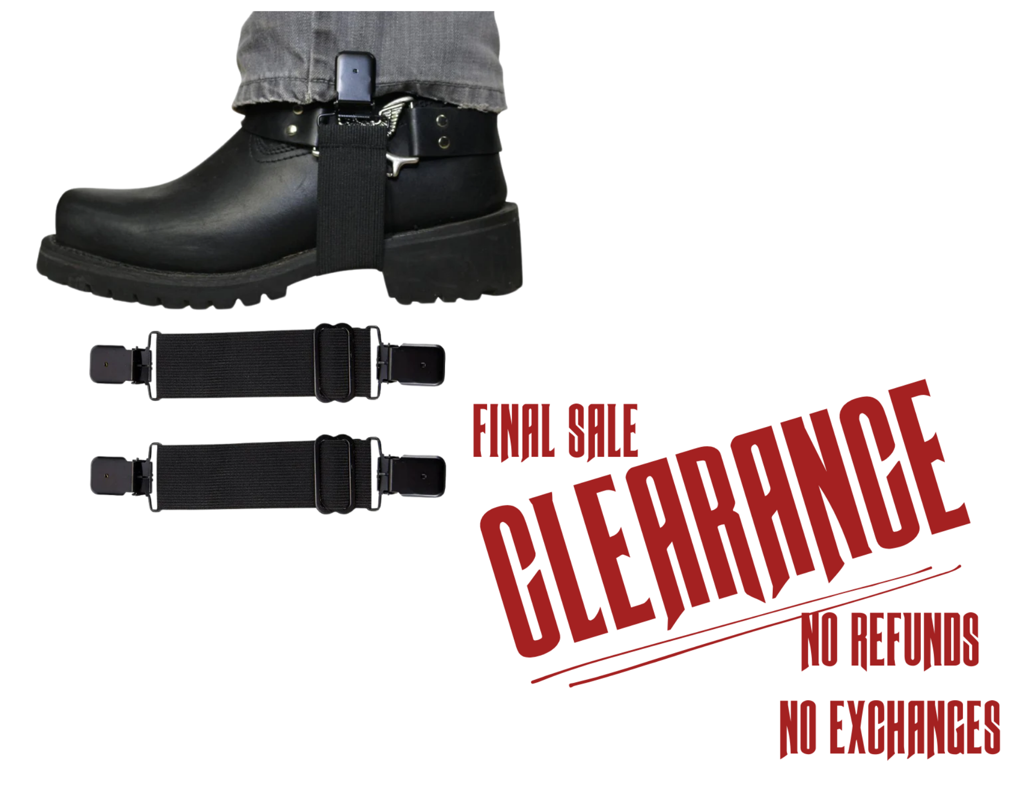 Keep your pants from blowing up while riding. Simply clip to your jeans to your boots and your good to ride. Check them out at our Smyrna, TN shop.